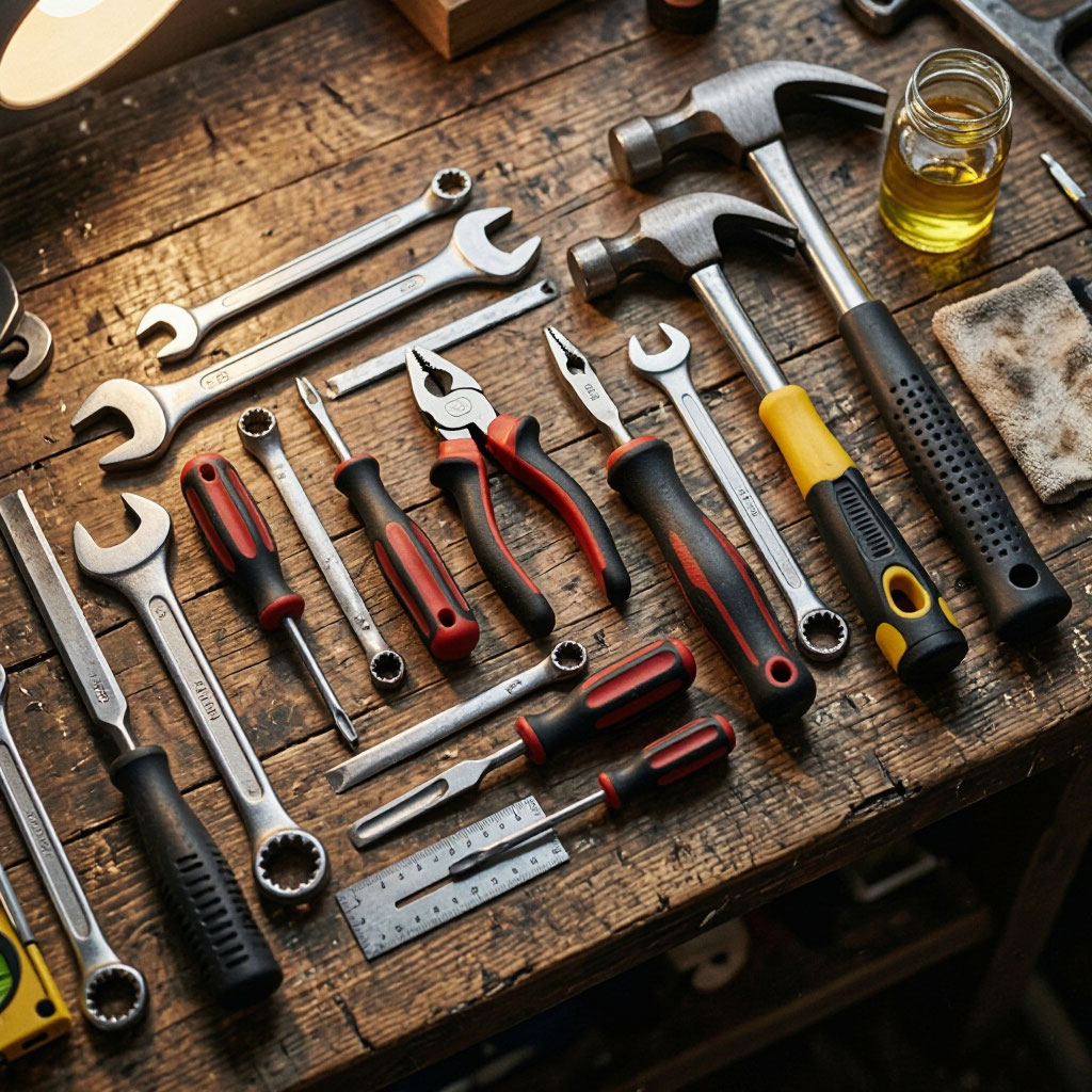 Locksmith hand tools and equipment laid out on a work surface