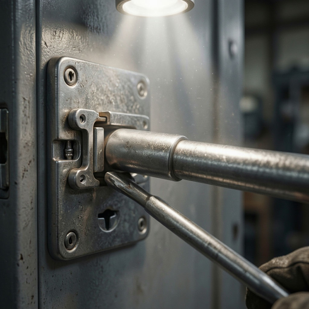 Close-up of door hardware and deadbolt being serviced