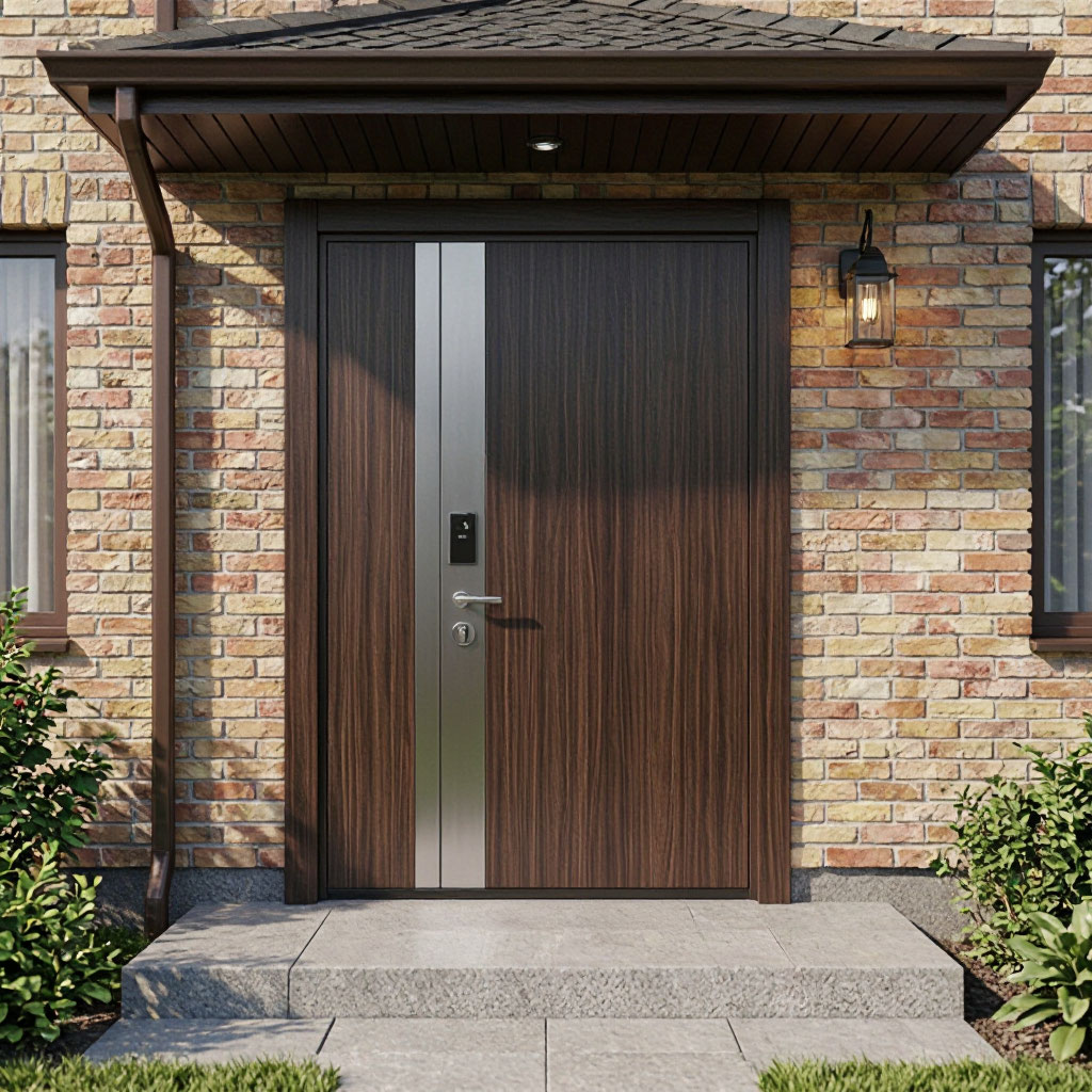 Residential front door with a modern deadbolt lock