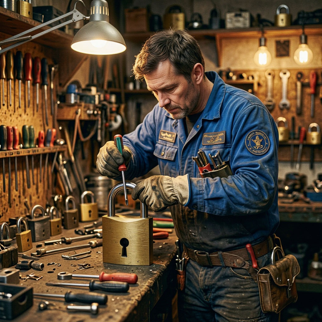 Locksmith working on a padlock