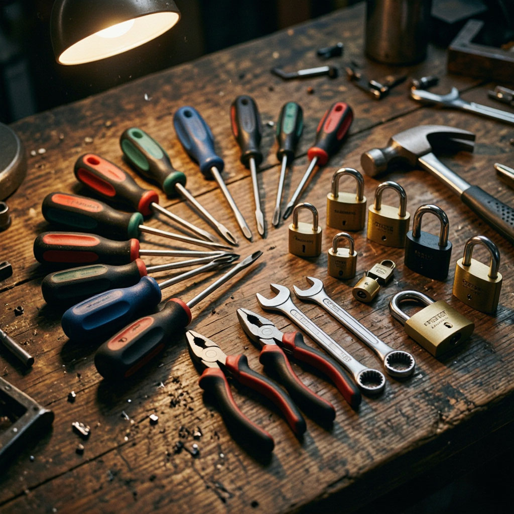 Locksmith tools and cylinders laid out on a workbench